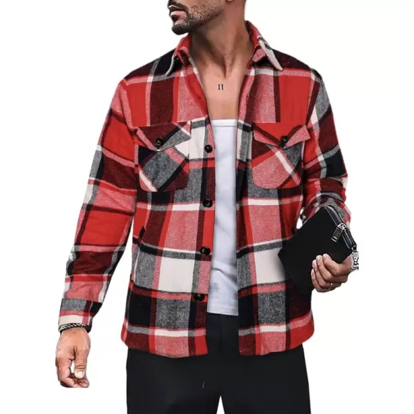 chouyatou Mens Casual Plaid Button Down Long Sleeve Flannel Shirt Jacket Shacket TopRed White