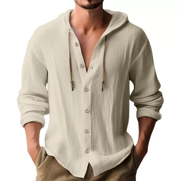 chouyatou Mens Hooded Cotton Linen Button Down Shirt Blouses Long Sleeve Beach Vacation Top ShirtsApricot