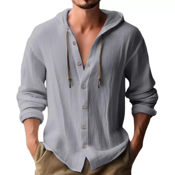 chouyatou Mens Hooded Cotton Linen Button Down Shirt Blouses Long Sleeve Beach Vacation Top ShirtsGray