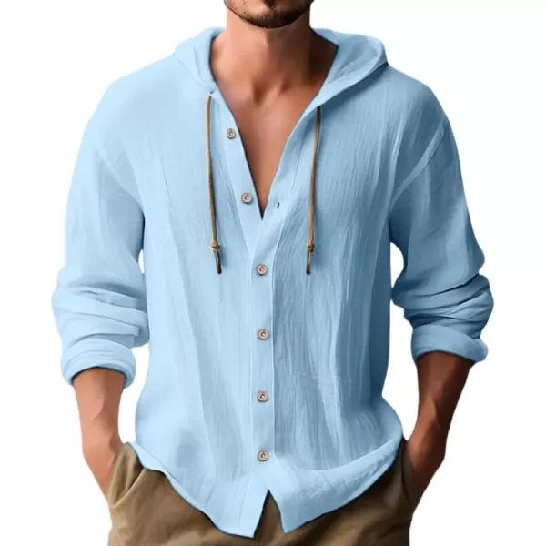 chouyatou Mens Hooded Cotton Linen Button Down Shirt Blouses Long Sleeve Beach Vacation Top ShirtsSky Blue