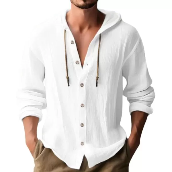 chouyatou Mens Hooded Cotton Linen Button Down Shirt Blouses Long Sleeve Beach Vacation Top ShirtsWhite