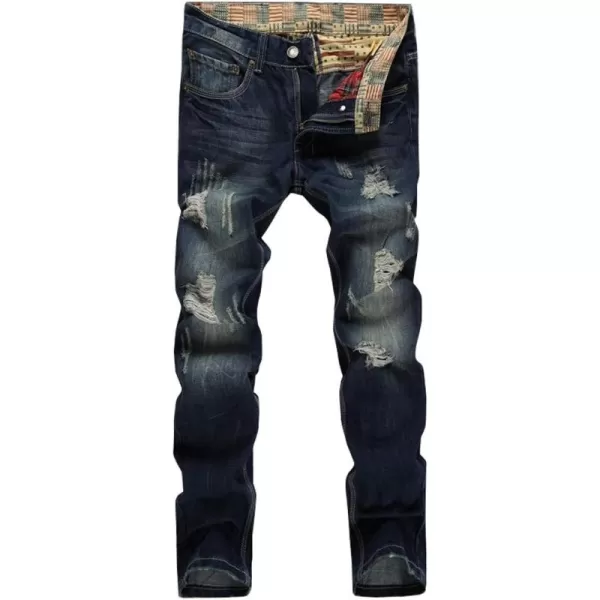 chouyatou Mens Retro Washed Casual Frayed Ripped Holes Straight Leg Denim PantsBlue