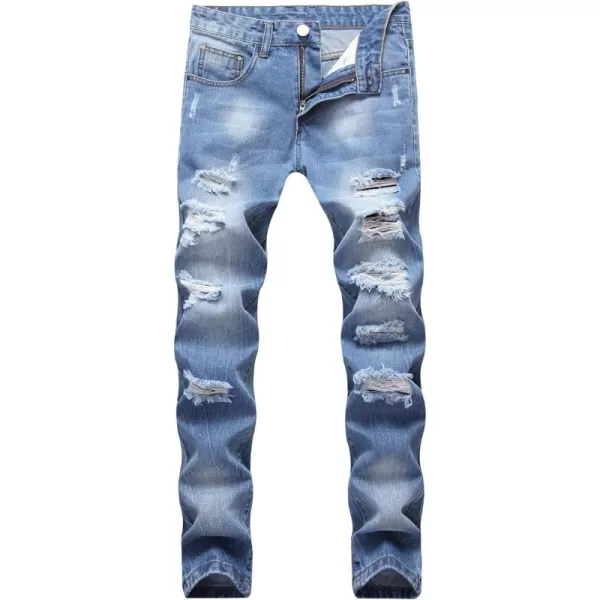 chouyatou Mens Retro Washed Casual Frayed Ripped Holes Straight Leg Denim PantsLight Blue