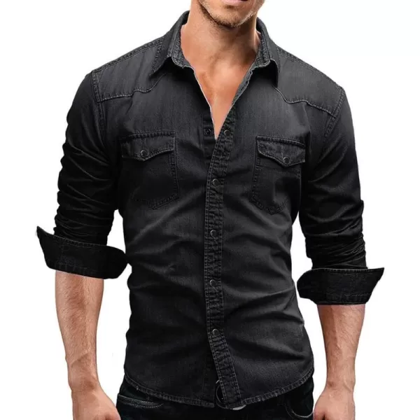 chouyatou Mens Western Long Sleeve Button Down Comfort Distressed Denim ShirtsBlack