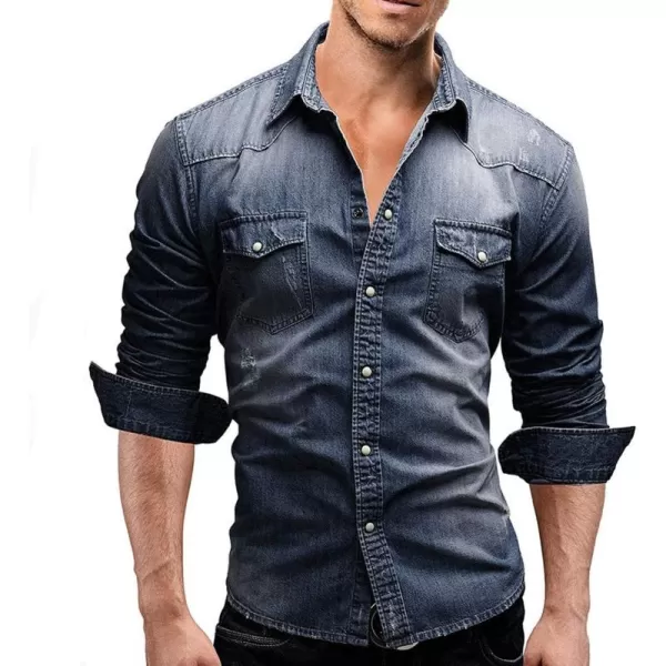 chouyatou Mens Western Long Sleeve Button Down Comfort Distressed Denim ShirtsDark Blue