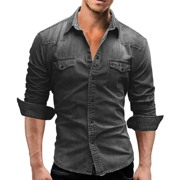chouyatou Mens Western Long Sleeve Button Down Comfort Distressed Denim ShirtsGrey