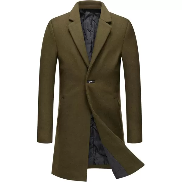 chouyatou Mens Winter Notched Collar 1 Button Slimming Thick Quilted Lining Wool MidLength Trench OvercoatArmy Green