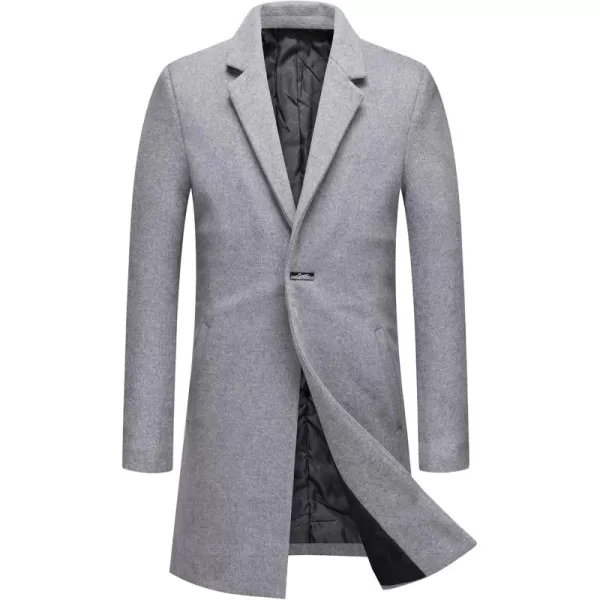 chouyatou Mens Winter Notched Collar 1 Button Slimming Thick Quilted Lining Wool MidLength Trench OvercoatLight Grey