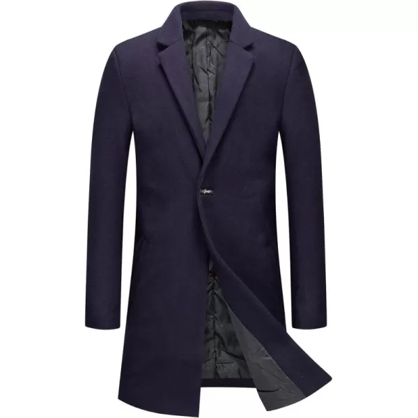 chouyatou Mens Winter Notched Collar 1 Button Slimming Thick Quilted Lining Wool MidLength Trench OvercoatNavy Blue