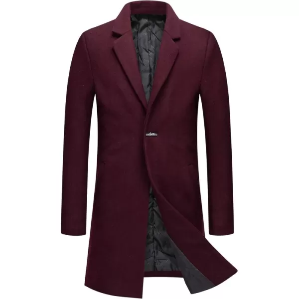 chouyatou Mens Winter Notched Collar 1 Button Slimming Thick Quilted Lining Wool MidLength Trench OvercoatWine Red