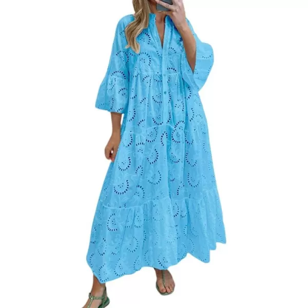 chouyatou Womens 2024 Lace Eyelet Embroidery Maxi Dress VNeck Trumpet Sleeve Boho Flowy Swing DressBlue