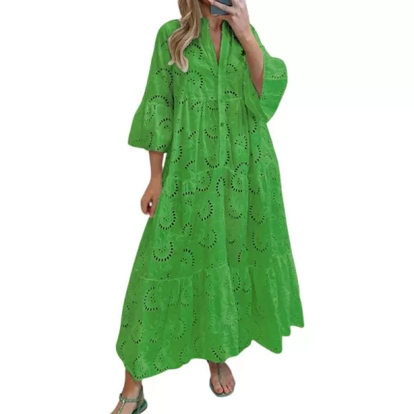 chouyatou Womens 2024 Lace Eyelet Embroidery Maxi Dress VNeck Trumpet Sleeve Boho Flowy Swing DressGreen
