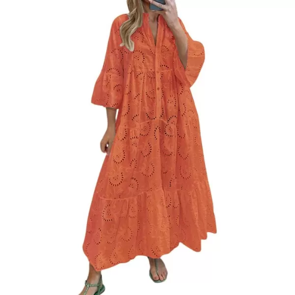 chouyatou Womens 2024 Lace Eyelet Embroidery Maxi Dress VNeck Trumpet Sleeve Boho Flowy Swing DressOrangish Red