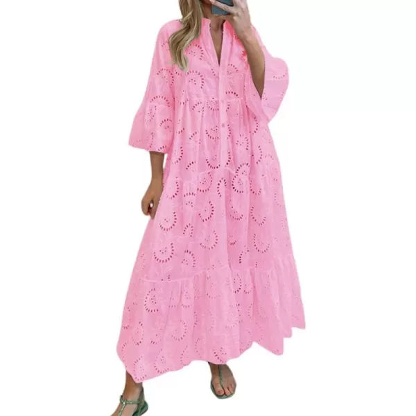 chouyatou Womens 2024 Lace Eyelet Embroidery Maxi Dress VNeck Trumpet Sleeve Boho Flowy Swing DressPink