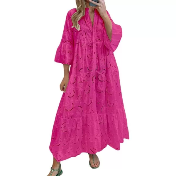 chouyatou Womens 2024 Lace Eyelet Embroidery Maxi Dress VNeck Trumpet Sleeve Boho Flowy Swing DressRose Red