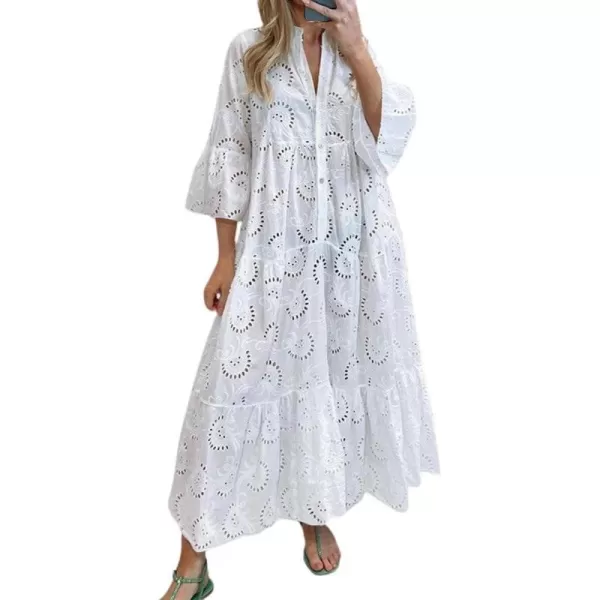 chouyatou Womens 2024 Lace Eyelet Embroidery Maxi Dress VNeck Trumpet Sleeve Boho Flowy Swing DressWhite