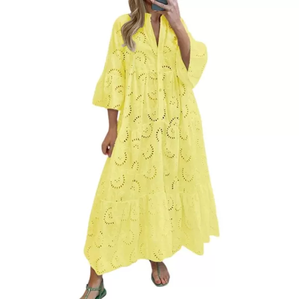 chouyatou Womens 2024 Lace Eyelet Embroidery Maxi Dress VNeck Trumpet Sleeve Boho Flowy Swing DressYellow