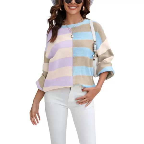 chouyatou Womens Casual Crew Neck Color Block Striped Patchwork Knitted Pullover Sweater TopsApricot Khaki