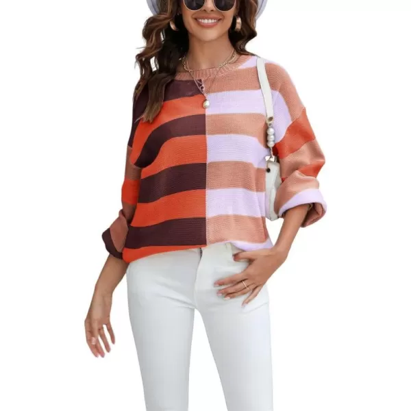 chouyatou Womens Casual Crew Neck Color Block Striped Patchwork Knitted Pullover Sweater TopsOrange Purple