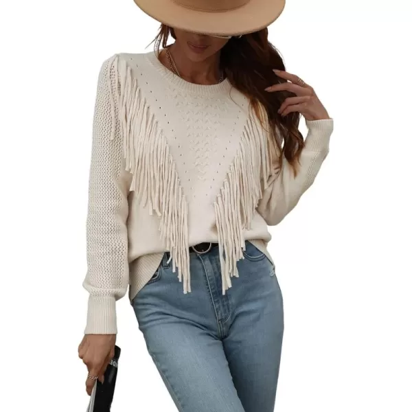 chouyatou Womens Casual Crewneck Fringe Tassel Knitted Pullover Sweater Jumper TopsApricot