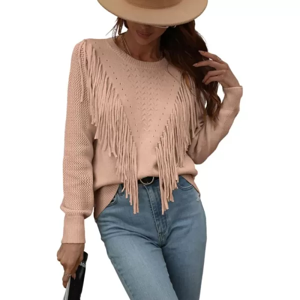 chouyatou Womens Casual Crewneck Fringe Tassel Knitted Pullover Sweater Jumper TopsKhaki