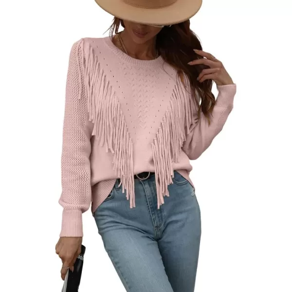 chouyatou Womens Casual Crewneck Fringe Tassel Knitted Pullover Sweater Jumper TopsPink