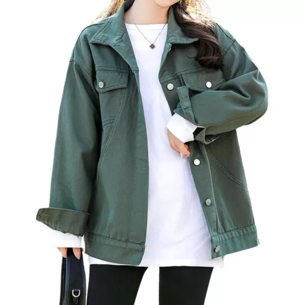 chouyatou Womens Casual Fall Button Down Denim Jacket Loose Military Utility Shacket Trucker Jean JacketArmy Green