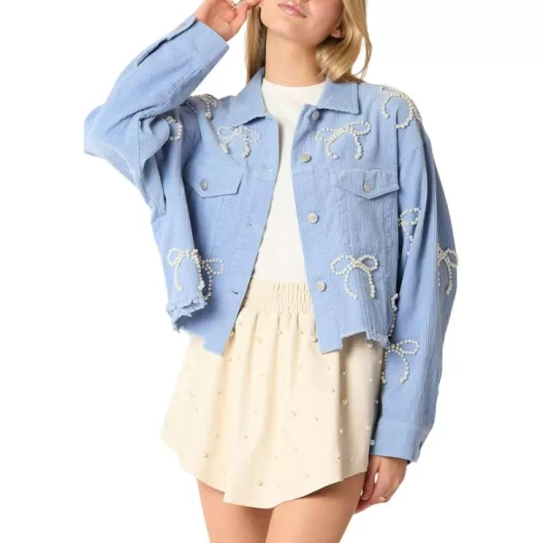 chouyatou Womens Corduroy Bowknot Pearl Cropped Corduroy Jacket Button Down Frayed Oversized Short Shacket JacketBlue