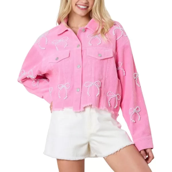 chouyatou Womens Corduroy Bowknot Pearl Cropped Corduroy Jacket Button Down Frayed Oversized Short Shacket JacketPink