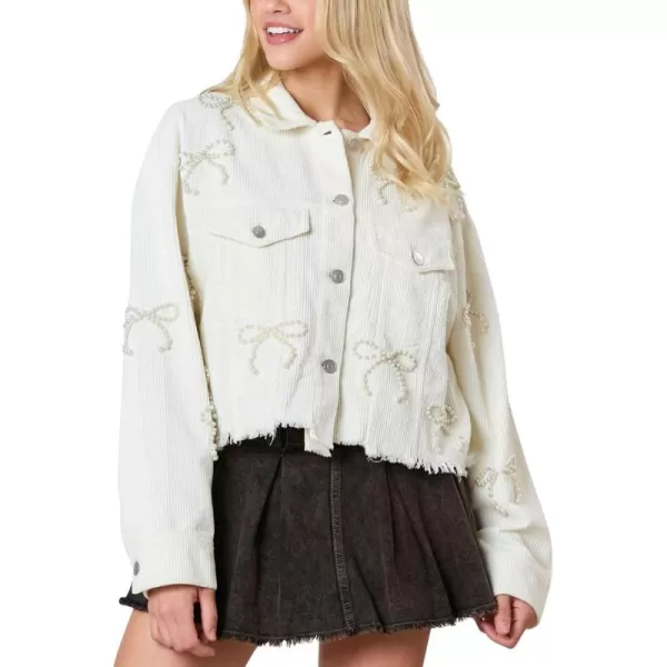 chouyatou Womens Corduroy Bowknot Pearl Cropped Corduroy Jacket Button Down Frayed Oversized Short Shacket JacketWhite