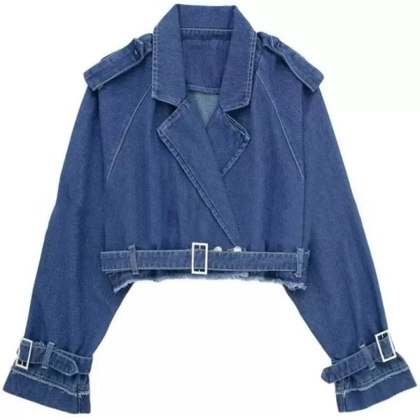 chouyatou Womens Fall Notch Lapel Button Down Frayed Denim Jacket Business Casual Short Jean Trench CoatDark Blue