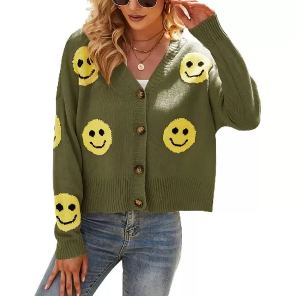 chouyatou Womens LooseFit Smile Face Jacquard Knitted Cardigan Sweater JacketArmy Green