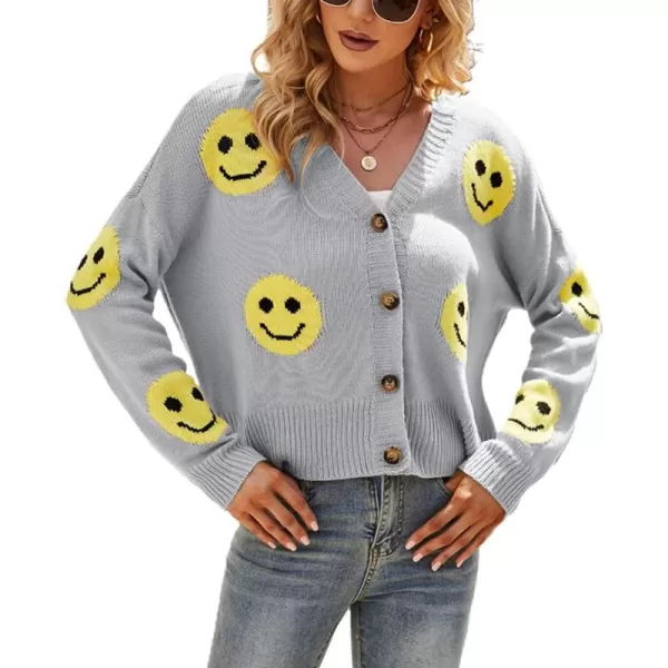 chouyatou Womens LooseFit Smile Face Jacquard Knitted Cardigan Sweater JacketGrey