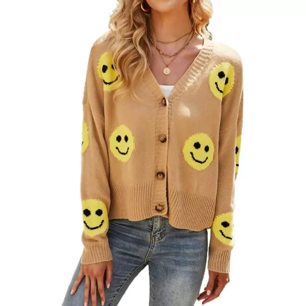 chouyatou Womens LooseFit Smile Face Jacquard Knitted Cardigan Sweater JacketKhaki
