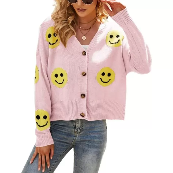 chouyatou Womens LooseFit Smile Face Jacquard Knitted Cardigan Sweater JacketPink
