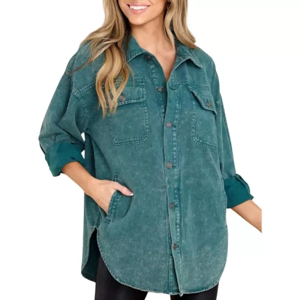 chouyatou Womens Oversized Shacket Jacket Long Sleeve Button Down Washed Denim Jean ShirtGreen