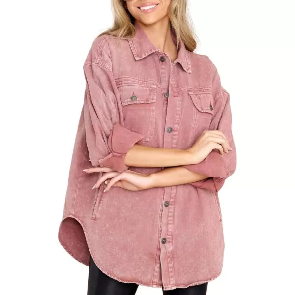 chouyatou Womens Oversized Shacket Jacket Long Sleeve Button Down Washed Denim Jean ShirtPink