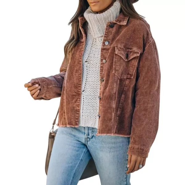chouyatou Womens Retro Long Sleeve Button Front Raw Hemline Loose Distressed Corduroy Outerwear Shacket JacketBrown