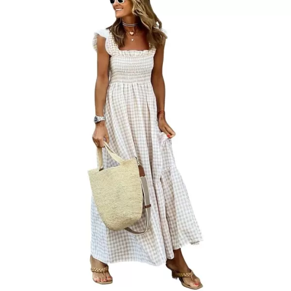 chouyatou Womens Retro Plaid Smocked Dress Spaghetti Strap Flounce Long DressKhaki
