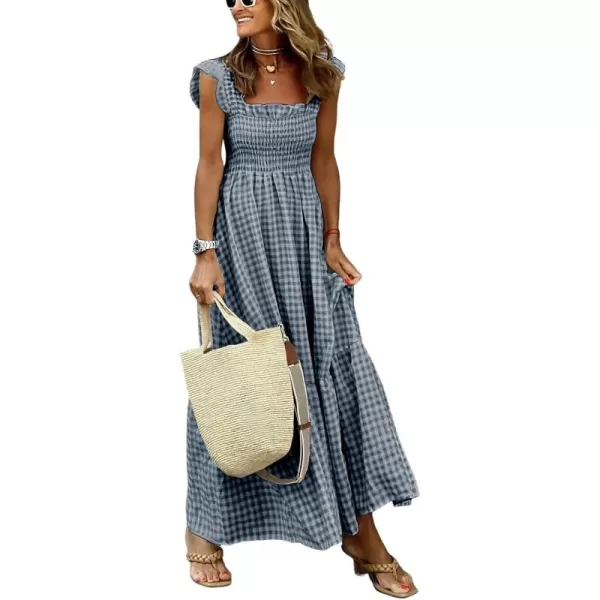 chouyatou Womens Retro Plaid Smocked Dress Spaghetti Strap Flounce Long DressNavy Black
