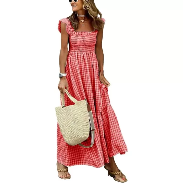 chouyatou Womens Retro Plaid Smocked Dress Spaghetti Strap Flounce Long DressRed