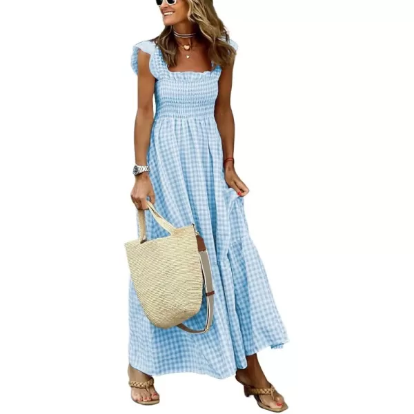 chouyatou Womens Retro Plaid Smocked Dress Spaghetti Strap Flounce Long DressSky Blue