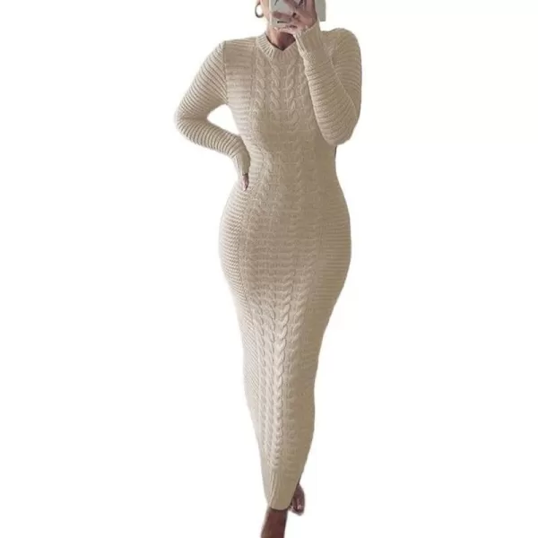chouyatou Womens Sexy Crewneck Long Sleeve Cable Knit Bodycon Maxi Pullover Sweater DressApricot
