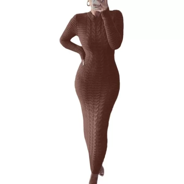 chouyatou Womens Sexy Crewneck Long Sleeve Cable Knit Bodycon Maxi Pullover Sweater DressBrown