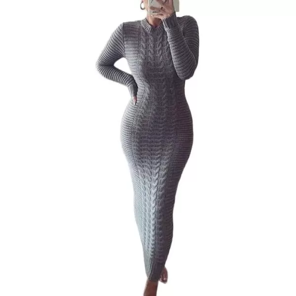 chouyatou Womens Sexy Crewneck Long Sleeve Cable Knit Bodycon Maxi Pullover Sweater DressGey