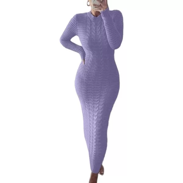 chouyatou Womens Sexy Crewneck Long Sleeve Cable Knit Bodycon Maxi Pullover Sweater DressPurple