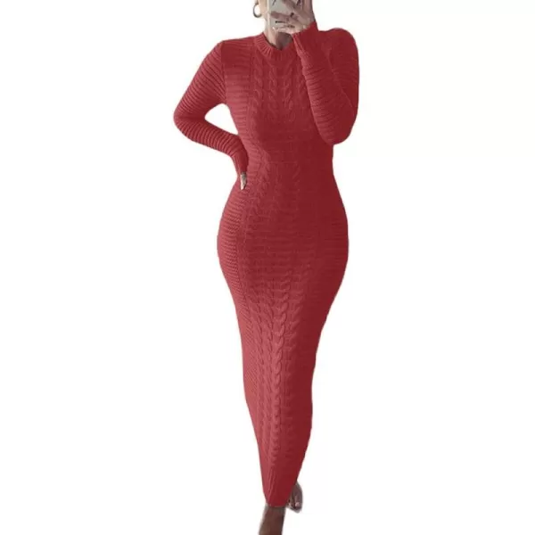 chouyatou Womens Sexy Crewneck Long Sleeve Cable Knit Bodycon Maxi Pullover Sweater DressRed