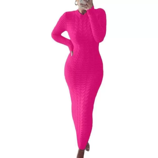 chouyatou Womens Sexy Crewneck Long Sleeve Cable Knit Bodycon Maxi Pullover Sweater DressRose