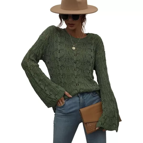chouyatou Womens Spring Bell Sleeve Crochet Sweater Boho Hollow Out Pullover Sweater Tops BlouseArmy Green