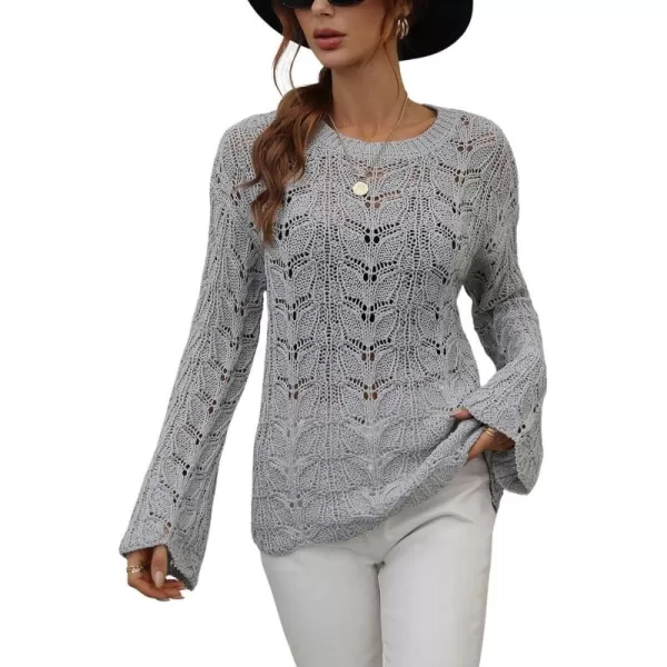 chouyatou Womens Spring Bell Sleeve Crochet Sweater Boho Hollow Out Pullover Sweater Tops BlouseGrey
